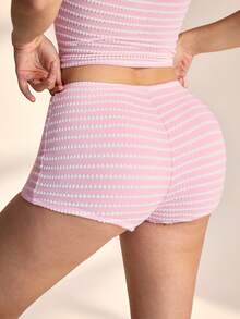 女士假日套装条纹针织不对称短裤 - 粉色 - 查看 2