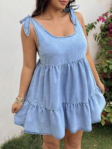 GalTyme 夏季大码无袖休闲牛仔连衣裙，适合夏季嘉年华、通勤、度假、毕业典礼等场合，时尚百搭，充满Y2K风格，可爱街头风，适合派对、婚礼、商务休闲、海滩、毕业典礼、复活节等各种场合。这款浅色水洗牛仔A字迷你连衣裙，饰有层叠荷叶边和系带肩带，尽显优雅气质。此外，还有一款大码水洗牛仔层叠荷叶边迷你连衣裙，配有系带肩带，打造休闲夏日风情。 - 藍色 - 查看 1
