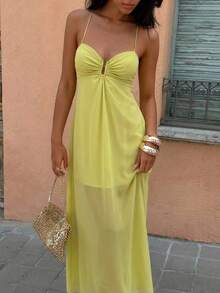 Aloruh 女士性感纯色露背吊带连衣裙，夏季 - 綠色 - 查看 6