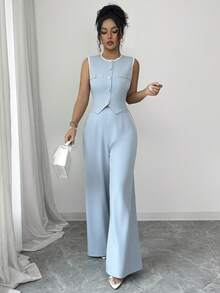 Elenzga 女士蓝色仿口袋设计圆领无袖上衣和阔腿裤两件套，优雅精致，适合情人节、复活节、劳动节、生日、约会、派对、正式场合、教师装、旅行、春季穿着。 - 藍色 - 查看 8