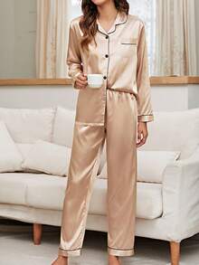 LuxeNights Contrast Piping Satin Pajama Set, Fall Winter Clothes Cozy And Elegant Details - Champagne - View 6