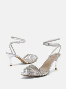 女士镶钻交叉绑带露趾高跟凉鞋，适合各种场合和春夏装扮 - 銀色 - 查看 8