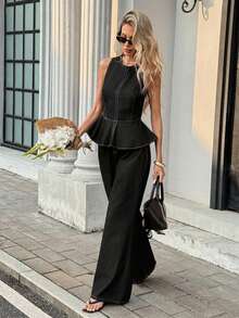 Serisse 女士圆领荷叶边下摆无袖上衣和牛仔裤套装 - 黑色 - 查看 7