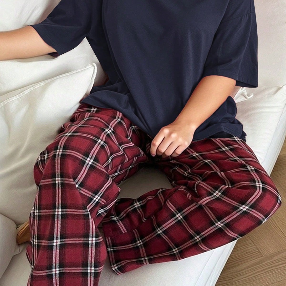 Conjunto de pijama a cuadros de ajuste holgado y cuello redondo, ropa de estar en casa
