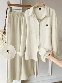 SHEIN EZwear Women's Apricot Woven Embroidered Long Sleeve Shirt And Pants Casual Suit - Apricot - View 2