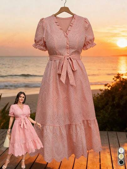 SHEIN Elenzya Vestido de talla grande con cuello en V, mangas abullonadas, cintura ceñida y falda acampanada, de tela bordada con diseño hueco en la cintura, en un delicado color rosa dulce