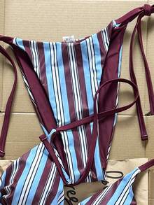 Swim Vcay 2026新款女士高弹面料蓝酒红竖条纹三角挂脖系带比基尼套装 - 彩色 - 查看 3