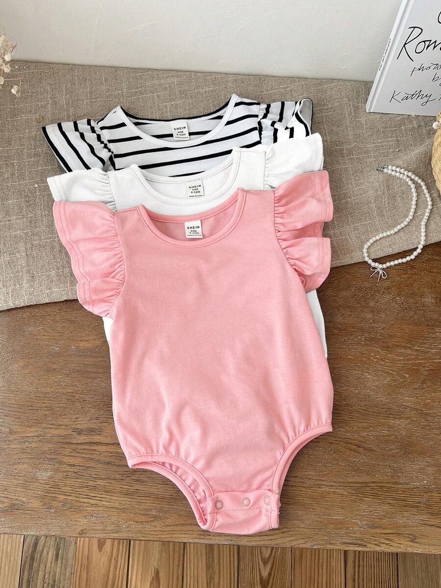 SHEIN LMoss Kids LMoss 3pcs Newborn Baby Girl Cute Summer Knitted Striped Ruffle Bodysuit Set - Multicolor - View 1