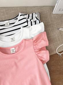 SHEIN LMoss Kids LMoss 3pcs Newborn Baby Girl Cute Summer Knitted Striped Ruffle Bodysuit Set - Multicolor - View 5