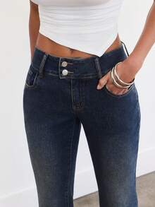 Denimoi Jeans acampanados de tiro bajo con estiramiento, jeans de tiro bajo de moda Y2K, jeans sexy - Azul lavado medio - Ver 2