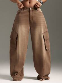 Denimoi Cargo Barrel Jeans Wide Leg Jeans Fashionable Streetwear Statement Jeans Barrel Leg - Brown - View 3