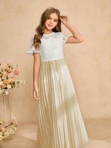 女童优雅蕾丝连体裤，镂空蕾丝边针织拉链裤，阔腿裤，适合春夏休闲和正式场合穿着 - 杏色 - 查看 3