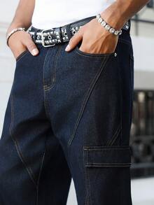 Manfinity EMRG Spring & Summer Casual Street Washed Blue Straight Loose Wide Leg Cargo Jeans With Big Pockets - Blue - View 6