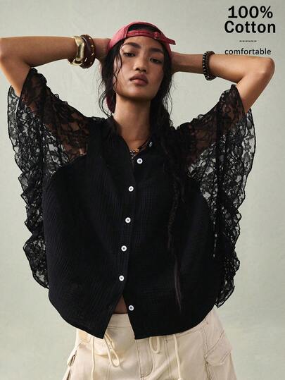 SoleilVie Women's Lace Patchwork Batwing Sleeve Elegant Blouse