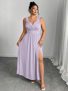 Elenzga 大码V领撞色蕾丝吊带荷叶边修身开衩连衣裙 - 淡紫色 - 查看 8