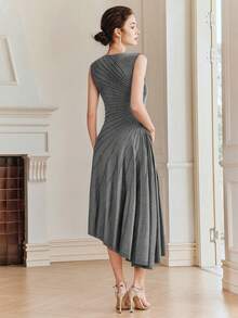 Anewsta Women's Solid Color Round Neck Pleated Elegant Waist Midi Dress For Party - Grey - View 7