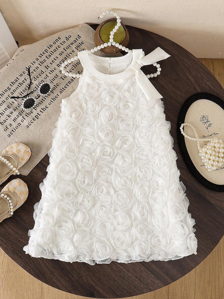 SHEIN Elladie kids 女童3D网纱碎花连衣裙，女童甜美蝴蝶结休闲宽松吊带连衣裙，女童夏季无袖公主裙，适合日常或度假穿着 - 白色 - 查看 1