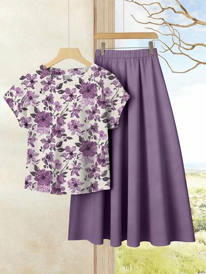 Rusticease 2pcs Women's Vacation Casual Solid Color Top + Printed Skirt Set, Women's Summer Outfit, Summer Skirt Set, Skirt Top Set, Women's Skirt Top Set, Printed Skirt Set