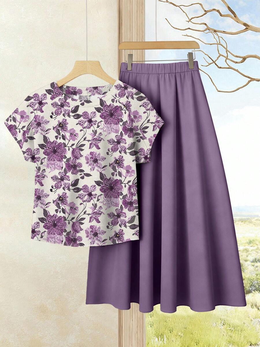 Rusticease Bộ 2 món áo trơn màu + chân váy in họa tiết dành cho nữ, trang phục mùa hè, bộ chân váy, bộ áo và chân váy, bộ chân váy in họa tiết dành cho nữ. - Màu tím - Xem 1