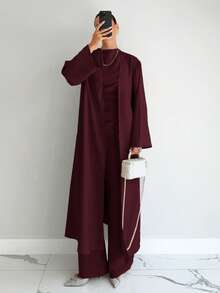 Siren Gaze 3 Pieces Set: Elegant Solid Color Blazer, Vest, And Pants For Commuting - Burgundy - View 4
