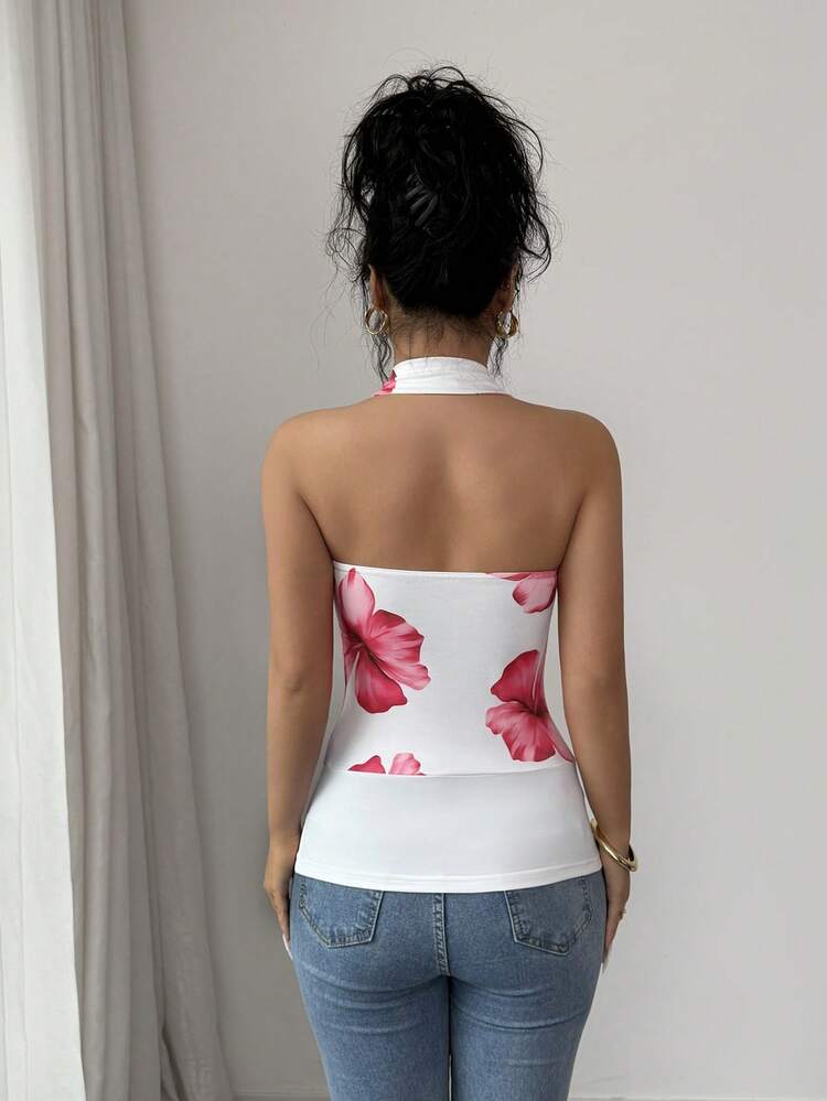 SHEIN Elenzya Women's White And Pink Floral Patchwork Knit Spaghetti Strap Crop Top,Retro Summer Casual Holiday Vacation Fitted Backless Camisole With Metal Ring - White - View 2