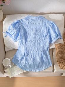 Tween Girl Light Blue Gingham Button-Up Blouse,Puff Sleeve Ruffled Hem Cute Summer Top For Beach,Vacation,Holiday,School Days Or Daily Stylish Looks - Blue - View 2