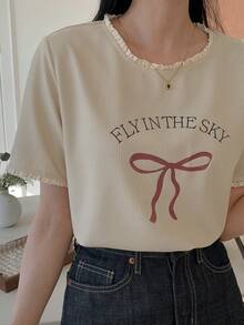 DAZY Spring New Valentine's Day Round Neck Grey Bowknot Women T-Shirt Cute Tops,Graphic Tees,Back To School Clothes Preppy Tops - Apricot - View 9