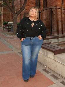 Enliva Plus Size Stretch Denim Flare Leg Jeans, Blue, Fall Women Clothes, For Apple Rounded Body Shape - Dark Wash - View 3
