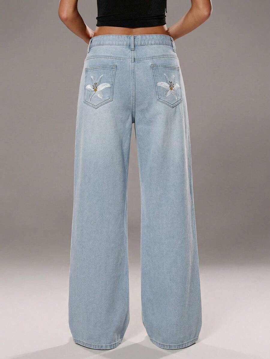 TRNVIE Fashionable Casual Floral Print Low Waist Wide Leg Jeans - Light Wash - View 1