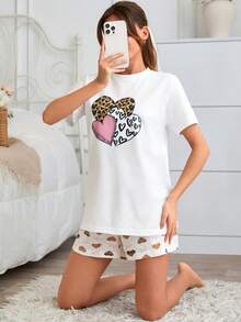 SHEIN Cottonline Women 2 Pcs Heart & Leopard Patterned Short Sleeve Round Neck Sleep Tee + Heart Leopard Patterned Shorts Sleep Bottom Casual Pajama Lounge Sets - Multicolor - View 6
