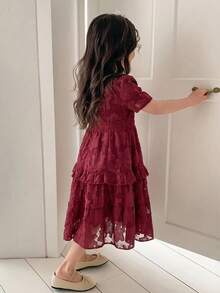 DAZY Girls Floral V-Neck Ruffle Trim Dress, Young Girl Fall Clothes - Burgundy - View 2