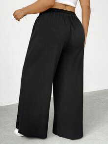 Shapeblank 大码女装春夏时尚休闲宽松舒适日常百搭显瘦亚麻黑色弹力腰阔腿裤，夏季穿搭，女式下装，简约风格，宽松裤 - 黑色 - 查看 2