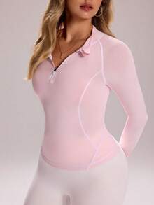 Sovereign Charm Sporty Fashionable Contrast Stripe Splice Fitted Zip-Up Sweatshirt - Pink - View 4