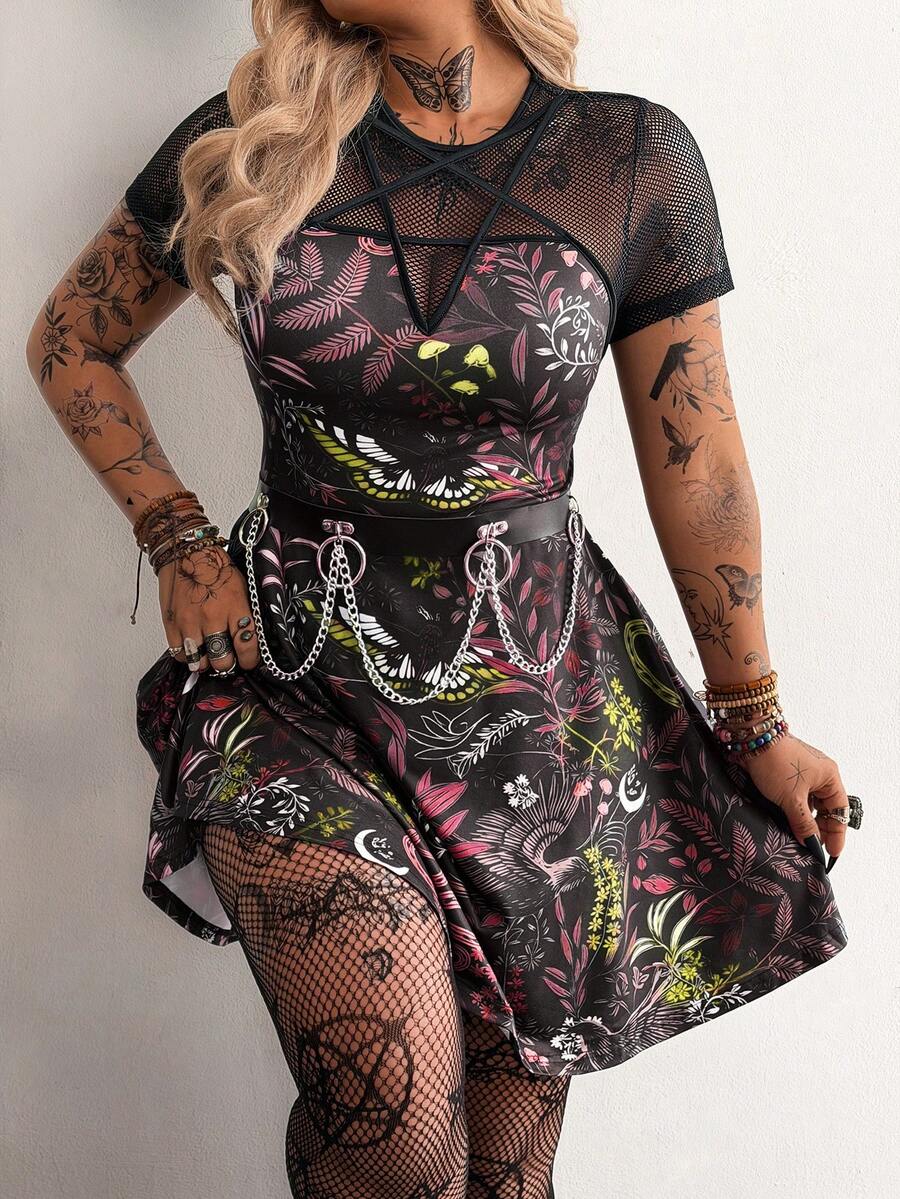 Whyspr Large Size Women's New Round Neck Retro Casual College Fashion Dark Punk Style Fashion Print Splicing Mesh Star Ribbon Decoration Large A-List Short Sleeved Dress, Suitable For Daily Wear, Office, Thanksgiving, New Year Dance, Vacation, Back To School Holiday Clothing, Birthday Parties, Music Festivals, Romance Festivals, Spring And Summer Women's Clothing Spring And Summer+Coachella/ Music Festival/ Party - Multicolor - View 1