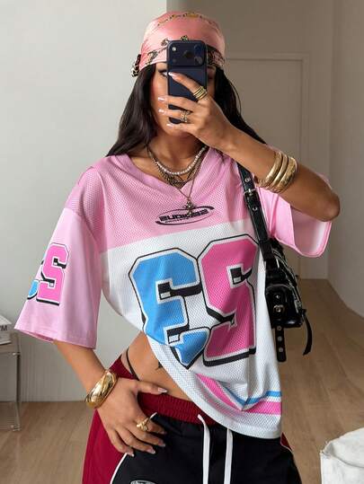 Coolane 女士夏季街头风休闲运动印花透气网眼宽松针织T恤