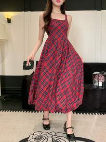 DAZY Vestido midi plisado de cuello cuadrado sin mangas con estampado elegante para mujer, vestido de invitada de boda de verano - Rojo - Ver 3