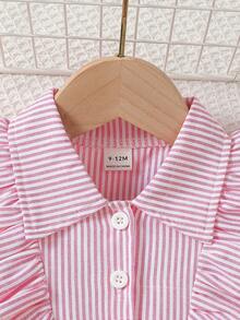 SHEIN 女婴荷叶边不对称短袖条纹衬衫，夏季 - 粉色 - 查看 3