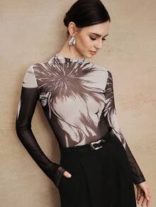 Anewsta 优雅高领修身黑色长袖T恤，复古花卉印花网眼打底衫（女士款） - 黑色 - 查看 4