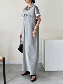 FRIFUL 女士高领直筒中长连衣裙，适合夏季都市通勤 - 灰色 - 查看 5