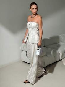 Lavishia 条纹前扣吊带背心和长裤套装，时尚通勤装。 - 杏色 - 查看 4