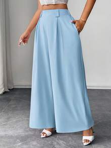 Elenzga Plus Size Solid Color Pleated Pocket Loose Casual Pants Fall - Baby Blue - View 3