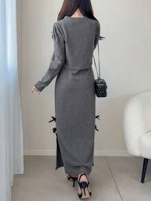 FRIFUL 2pcs Women Minimalist Commuter Front Button Jacket And Side Slit Dress Set - Grey - View 7