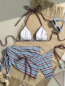 Costavie Bộ bikini kẻ sọc dành cho nữ mùa hè, kiểu dáng giản dị, thích hợp cho kỳ nghỉ, kèm chân váy đi biển, bộ đồ bơi ba mảnh thời trang và thoải mái. - Nhiều màu - Xem 2