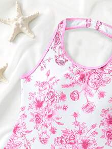 SHEIN 少女夏季沙滩碎花吊带连体泳衣和短裤 - 淺粉色 - 查看 4