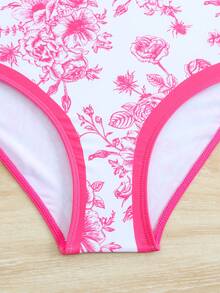 SHEIN 少女连体泳衣，可爱大花朵针织面料，蝴蝶结装饰，时尚休闲优雅淑女套装，适合游泳、夏季度假、海滩、泳池、节日派对 - 玫紅色 - 查看 8