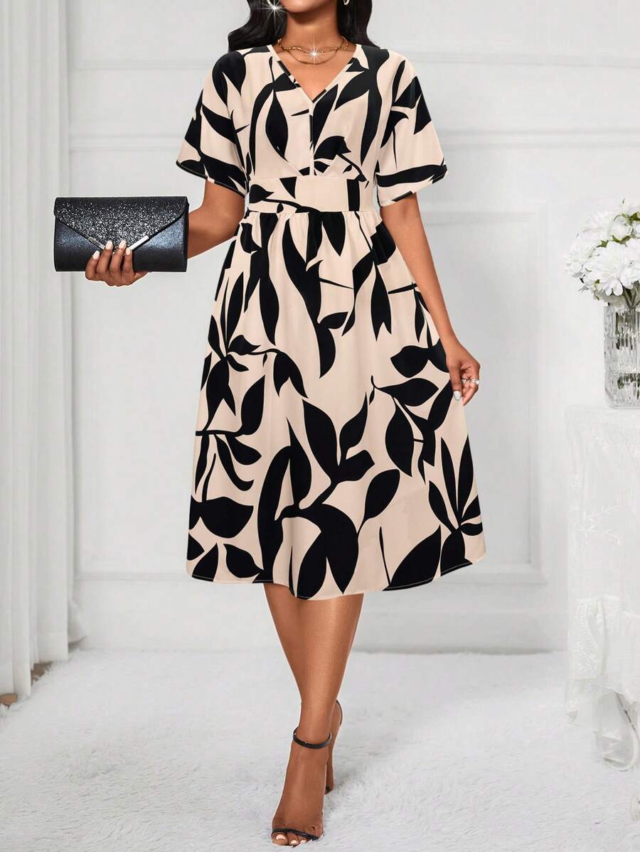 Lunelith SHEIN Lunessa Đầm maxi dáng chữ A tay cánh dơi in họa tiết ngẫu nhiên, eo chun, dành cho nữ. - Màu be - Xem 1