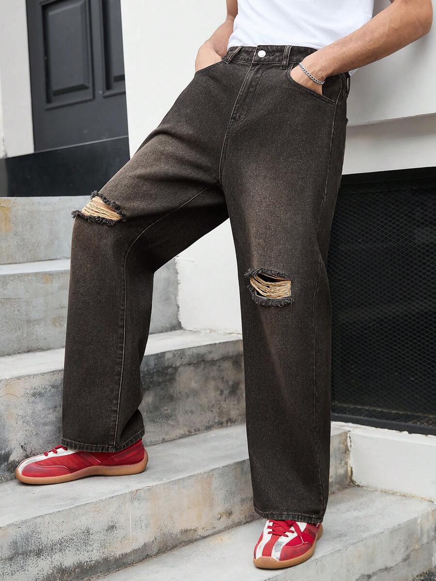 GALLERY FADE 男士奢华休闲直筒裤，做旧设计，大地色系 - 黑色 - 查看 1