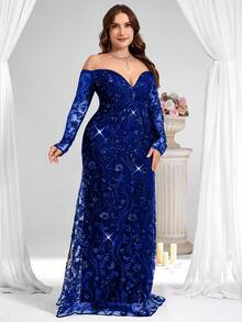 Coutiva Plus Size Women's Off-Shoulder Sequin Luxurious Formal Evening Gown (Heavy Embellishment) - Royal Blue - View 4