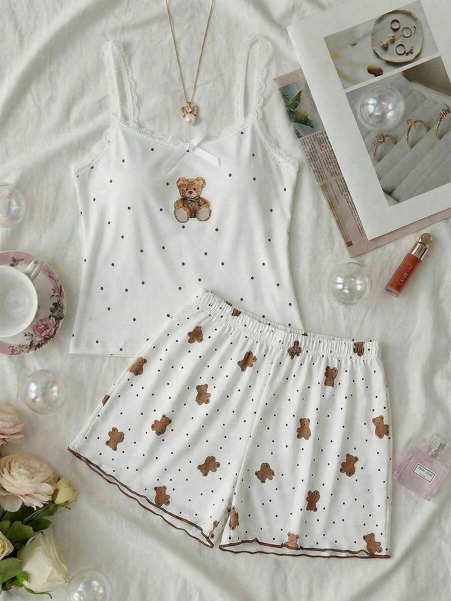 SHEIN Tween Girl Black And White Polka Dot Teddy Bear Pajamas,Summer Cute Floral Ribbon Bow Camisole & Shorts 2pcs Comfy Home Wear Sleep Loungewear Pj Set - Multicolor - View 1