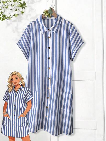 EMERY ROSE 大码夏季休闲条纹纽扣短袖连衣裙